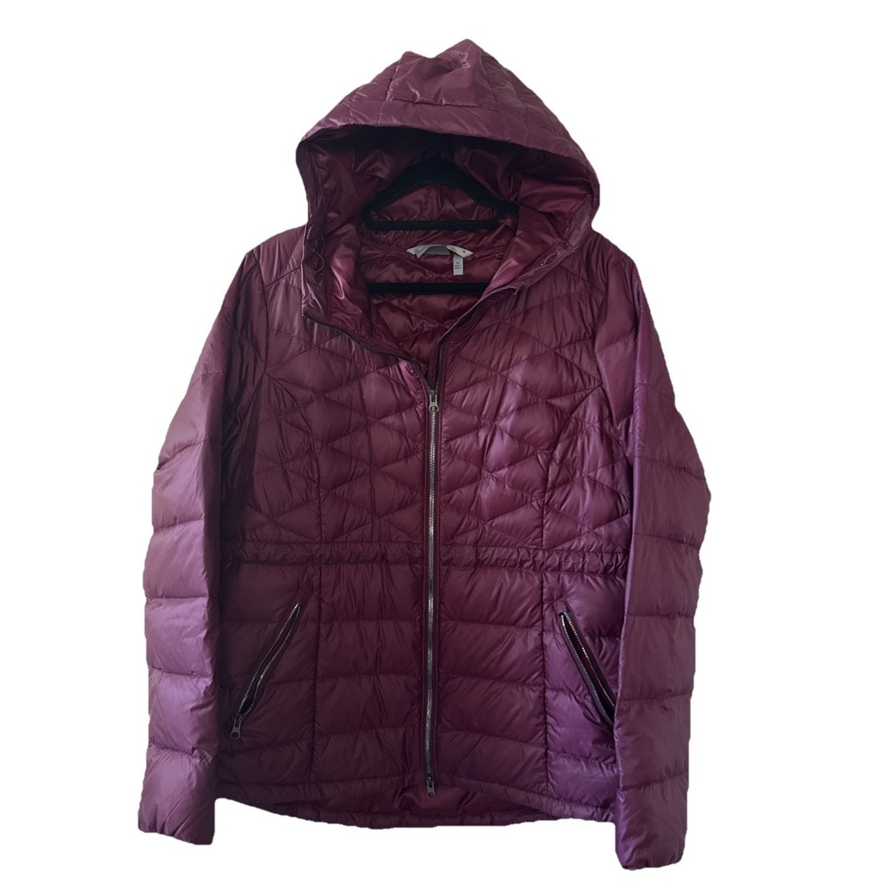 Athleta Puffer Goose Down Jacket Womens XL Maroon Hooded Quilted Zip Packable